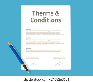 Contrato de póliza de servicio de términos y condiciones, documento de contrato. Aplicación de seguro, condiciones de alquiler de vivienda o contrato de negocios contrato de contrato de contrato de contrato de contrato de contrato firmado icono de vector de documento con papel y bolígrafo