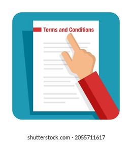 Icono cuadrado de términos y condiciones. Por favor, lea el acuerdo de licencia - las manos en la mano con un documento de negocios con lista de comprobación - concepto de contrato de lectura humana. Ilustración del vector
