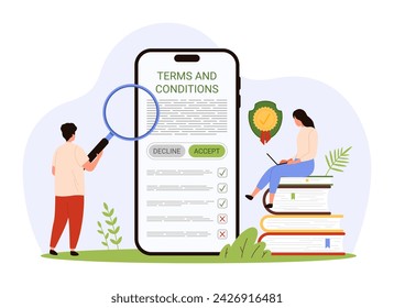 Terms and conditions study. Tiny people with magnifying glass research business documents for law compliance, agreements and contracts on mobile phone screen to click agree cartoon vector illustration