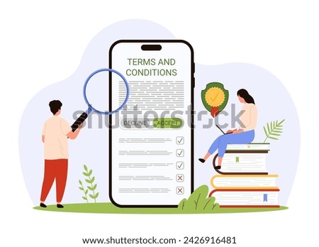 Terms and conditions study. Tiny people with magnifying glass research business documents for law compliance, agreements and contracts on mobile phone screen to click agree cartoon vector illustration
