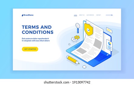 Allgemeine Geschäftsbedingungen. Vektorgrafik von Laptop mit genehmigten gesetzlichen Verträgen, die Website- und Software-Bedingungen darstellen. Isometrischer Webbanner, Vorlage für die Zielseite