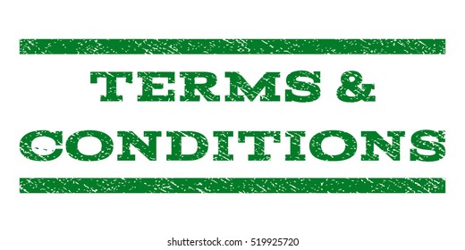 Terms & Conditions watermark stamp. Text caption between horizontal parallel lines with grunge design style. Rubber seal stamp with dirty texture. Vector green color ink imprint on a white background.