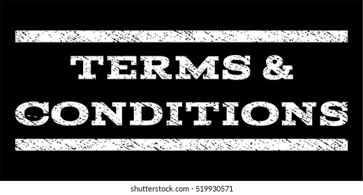 Terms & Conditions watermark stamp. Text tag between horizontal parallel lines with grunge design style. Rubber seal stamp with unclean texture. Vector white color ink imprint on a black background.
