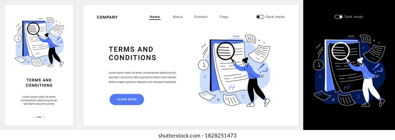 Términos y condiciones del kit de interfaz de usuario del sitio web. Aviso legal, términos y condiciones de usuario, barra de menú del sitio web, elemento web, página de información, proceso de registro, aceptar la plantilla de interfaz de usuario vectorial de aplicaciones móviles y de aterrizaje.
