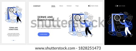 Terms and conditions website UI kit. Legal notice, user terms and conditions, website menu bar, web element, information page, registration process, accept landing and mobile app vector UI template.