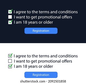 Terms and conditions when registering on the website. HTML template element. User interface for the website and application. Vector illustration.