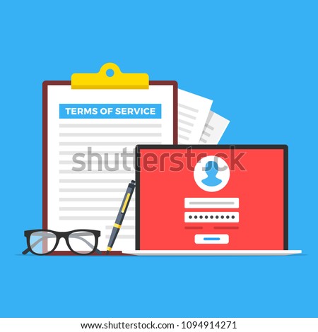 Terms of service. Clipboard with terms of service document, glasses, pen and laptop with registration page. Flat design. Vector illustration