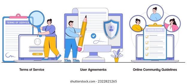 Terms of Service, User Agreements, and Online Community Guidelines Concept with Character. Digital Platform Rules Abstract Vector Illustration Set. User Responsibilities, Online Etiquette Metaphor.