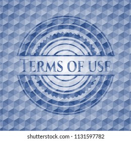 Terms of use blue badge with geometric pattern.