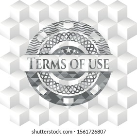 Terms of use grey emblem. Retro with geometric cube white background