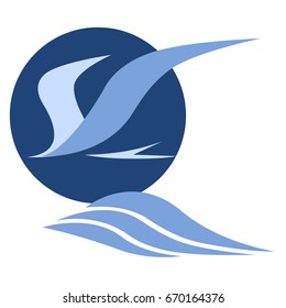 Tern flying over sea waves, stylized bird, isolated vector logo design