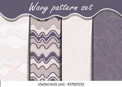 Ternde purple waves seamless pattern set. Vector illustration for abstract aqua design. Endless texture can be used for fills, web page background, surface. Collection of wallpaper with waves.