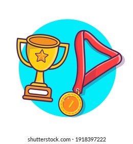 Terophy And Gold Medal Collection Cartoon Icon Illustration Concept Vector