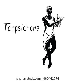 Terpsichore muse of dance in Greek mythology black vector illustration isolated on a white background