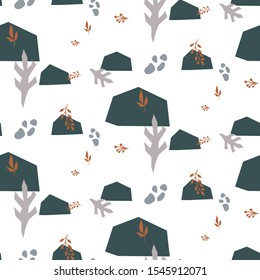 Terra abstract shapes seamless pattern. Papercut repeat background for wrap, textile and print design. White and green.