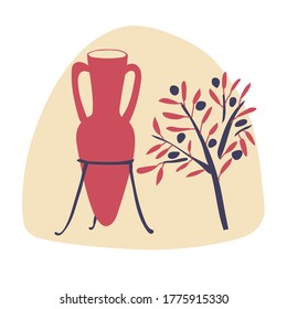 Terra amphora and olive tree branch. Minimalistic art for home decor in Greek style