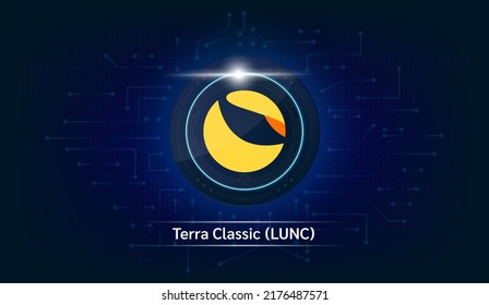 Terra Classic coin cryptocurrency token symbol. Coin icon on dark  background. Technology for finance in International stock blockchain. Vector illustration.