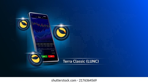 Terra Classic coin and Phone. App for trading crypto currency on the touch screen smartphone. Data analytics stock market. Mobile banking cryptocurrency. Vector 3d. 