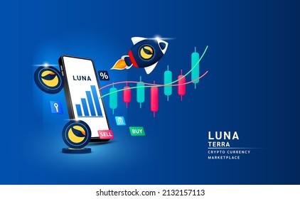 Terra coin (LUNA) with spaceship flying leave smartphone to the sky and stock chart. App for trading crypto currency in stock market. Mobile banking cryptocurrency. 3d Vector illustration. 