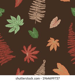 Terra color beige green Pattern tropics leaves  vector modern. Trend ornament
