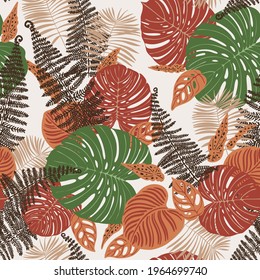 Terra color beige verde Trópico de patrón deja el vector moderno. Ornamento de tendencia