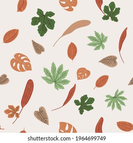 Terra color beige green Pattern tropics leaves  vector modern. Trend ornament