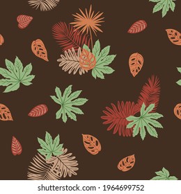 Terra color beige green Pattern tropics leaves  vector modern. Trend ornament