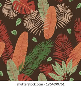 Terra color beige green Pattern tropics leaves  vector modern. Trend ornament