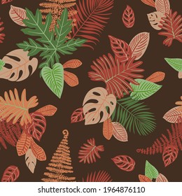 Terra Farbe beige grün Muster Tropen Blätter Vektormodern. Trendschmuck