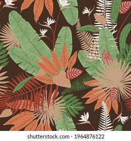 Terra color beige green Pattern tropics leaves  vector modern. Trend ornament