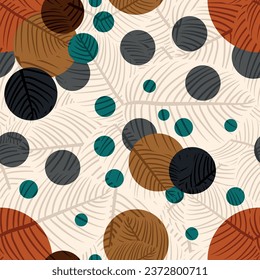 Terra colors circles seamless pattern with leaves texture 