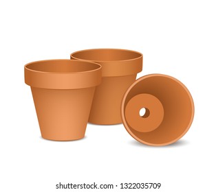 Terra cotta flower pots,
Empty and new clay pots set,
Vector illustration isolated on white background