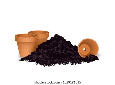 Terra cotta Flower pots with the soil,
Vector illustration isolated on white background