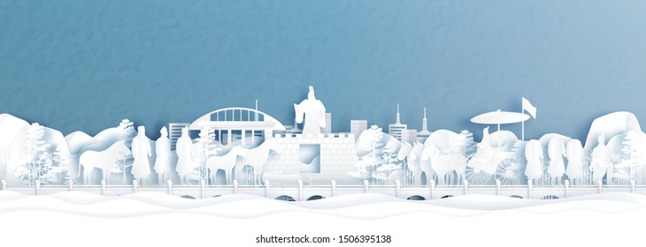 Terra Cotta Warriors, most popular tourist attraction in Xian with world famous landmarks of China in paper cut style vector illustration.