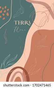 Terra Flora Collection. Modern abstract shapes and line drawing leaves in trendy earthy hues. Vector Illustration