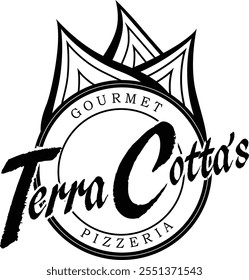 El logotipo de la pizzería gourmet de Terra Cotta combina elegancia y creatividad para representar una experiencia gastronómica sofisticada. En su núcleo, el diseño presenta un emblema atrevido y circular con la decoración del restaurante.