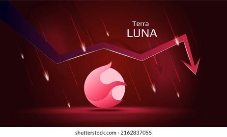 Terra LUNA 2.0 in downtrend and price falls down on dark red background. Cryptocurrency coin symbol and red down arrow with falling meteors. Cryptocurrency trading crash. Vector illustration.