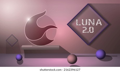 Nuevo logo de Terra LUNA 2.0 con bolas en el suelo y marcos en la pared en estilo 3d. Cabecera o banner del sitio web para noticias con icono de moneda digital. Ilustración vectorial.