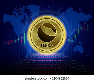 Ilustración vectorial 3D de la moneda Terra (LUNA). Cryptocurrency blockchain (moneda cripto) Futura tecnología digital de sustitución de divisas Silver el gráfico de crecimiento de monedas virtuales es fondo.