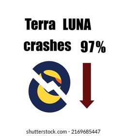 Terra Luna coin crash 97%. Cryptocurrency token crisis symbol 
on dark blue background. Terra Luna coin downtrend price crash.