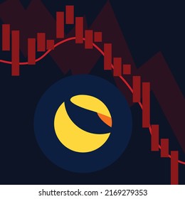 Terra Luna coin crash. Cryptocurrency token crisis symbol on dark
blue background. Terra Luna coin price downtrend price crash.