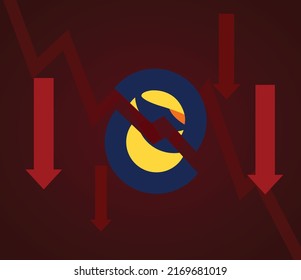 Terra Luna coin crash. Cryptocurrency token crisis symbol on dark
blue background. Terra Luna coin downtrend price crash.