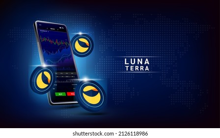 Terra (LUNA) coin and Phone. App for trading crypto currency on the touch screen smartphone. Data analytics stock market. Trends and financial strategy. Mobile banking cryptocurrency. Vector 3d. 