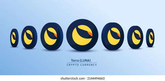 Terra (LUNA) coins white crypto currency isolated on grey background. Isometric vector illustration. Coin straight and tilted view. Blockchain technology coin cryptocurrency concept.