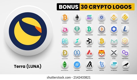 Terra LUNA crypto logo symbols of cryptocurrency. Set of Bitcoin, Ethereum, Solana, Binance Coin, Binance USD, litecoin,avalanche, chainlink, maker, dogecoin, USD Coin, Shiba Inu, Polygon, and Helium