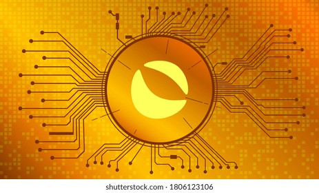 Terra LUNA cryptocurrency token symbol of the DeFi project in circle with PCB tracks on gold background. Currency icon. Decentralized finance programs. Vector EPS10.