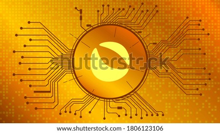 Terra LUNA cryptocurrency token symbol of the DeFi project in circle with PCB tracks on gold background. Currency icon. Decentralized finance programs. Vector EPS10.