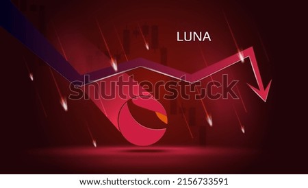 Terra LUNA in downtrend and price falling down on dark red background. Cryptocurrency coin symbol and red down arrow with falling meteors. Trading crisis and crash. Vector illustration.