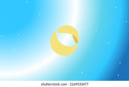 Terra LUNA downtrend price falls down. Vector banner on a blue gradient background with an arrow pointing down. Symbol of a cryptocurrency coin. The trade crisis the collapse of the cryptocurrency.