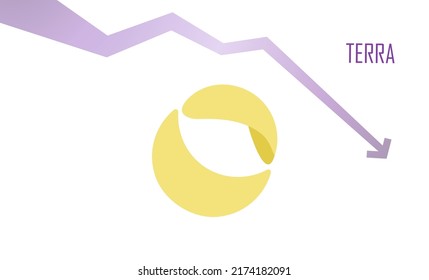 Terra LUNA in a downtrend, the price falls down. Vector banner on white background with gradient down arrow. Symbol of a cryptocurrency coin. The trade crisis and the collapse of the cryptocurrency.